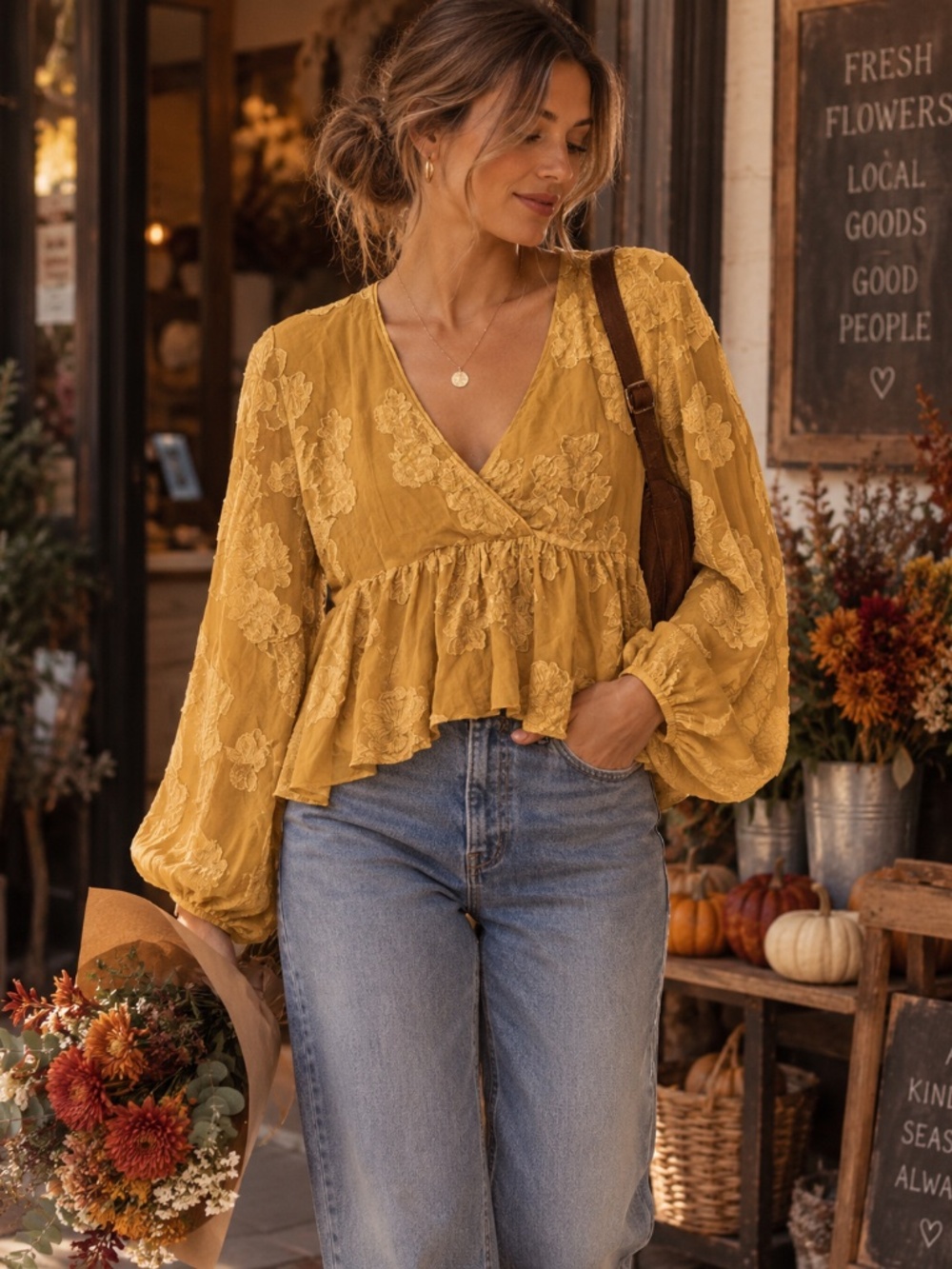 Aritzia Wilfred Women’s Mustard Yellow Wrap Style Floral Peasant Blouse S Boho